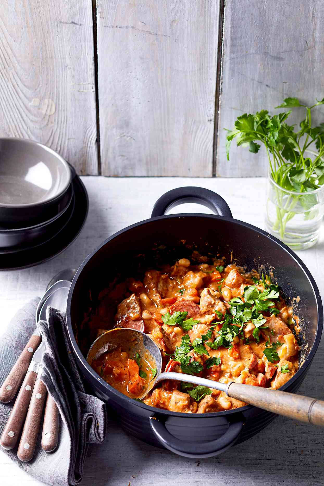 One Pot Pork Cassoulet Dish Portrait Still Background