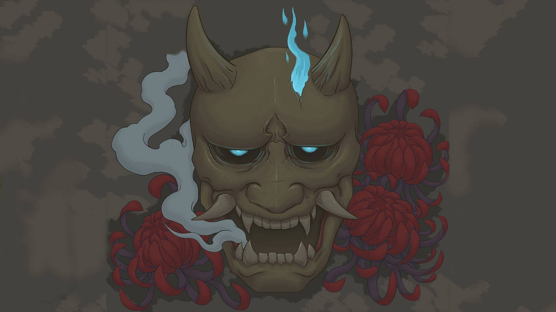 Oni Mask Red Peonies Background