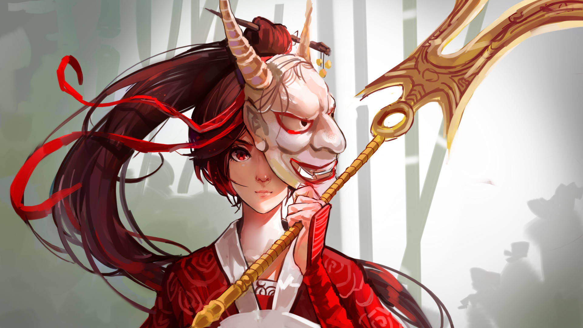 Oni Mask Spear Girl Background