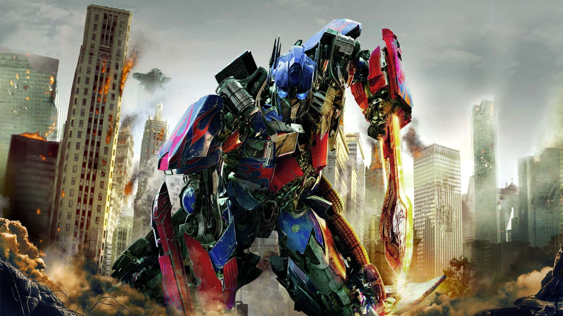 Optimus Prime Face Ruined City Background