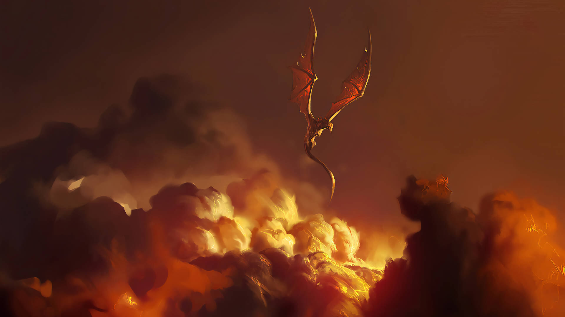 Orange 4k Sky Digital Painting With Dragon Background