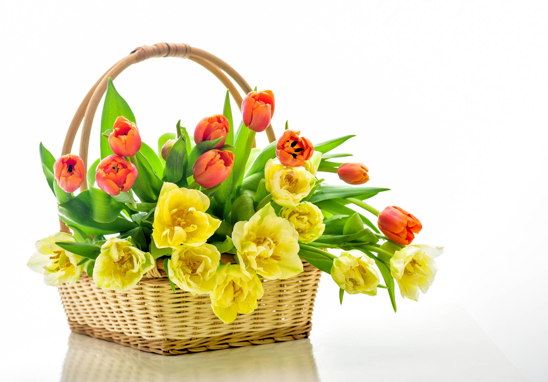 Orange And Yellow Tulips In Basket Background