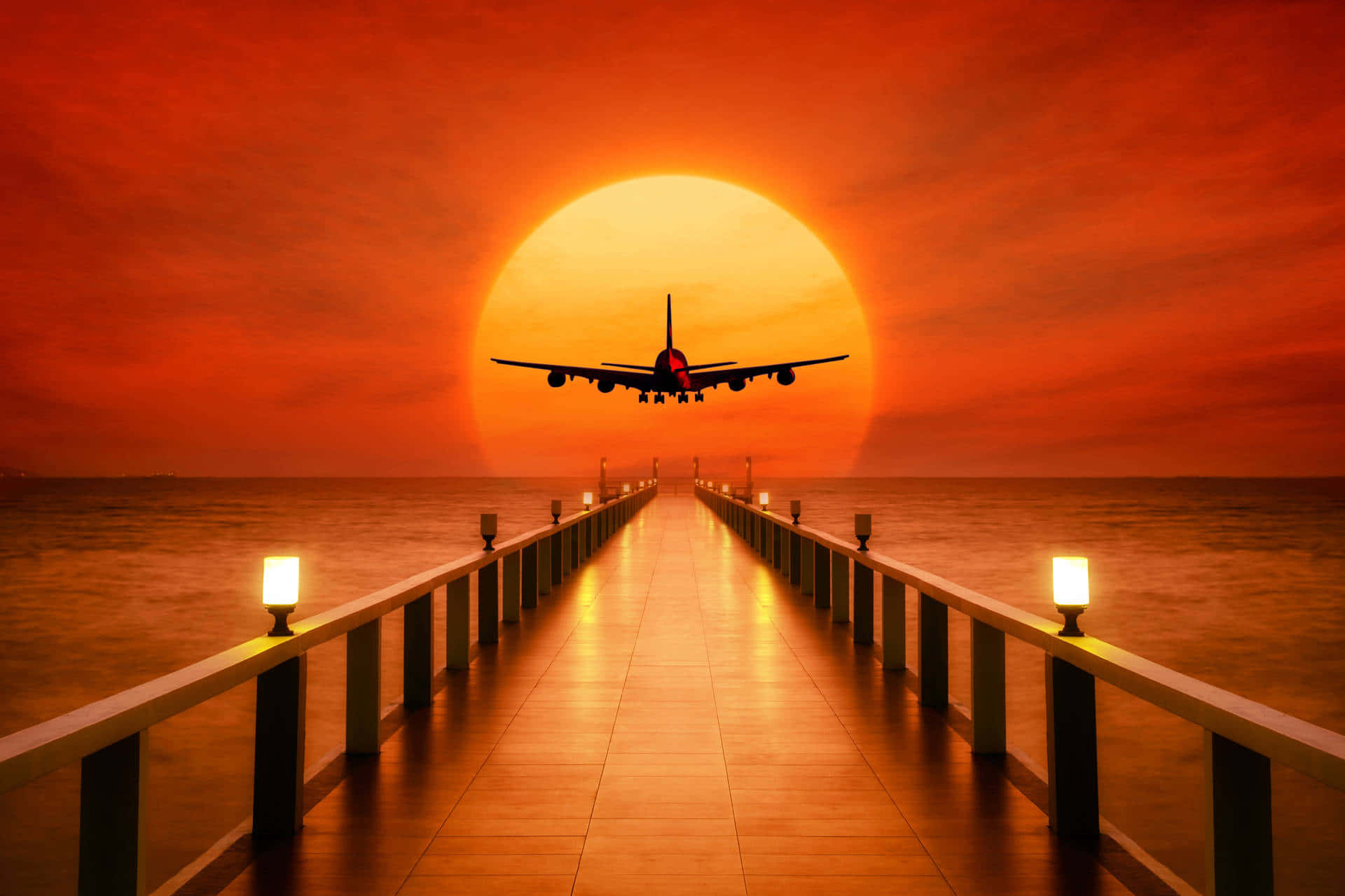 Orange Big Sunset Plane Background