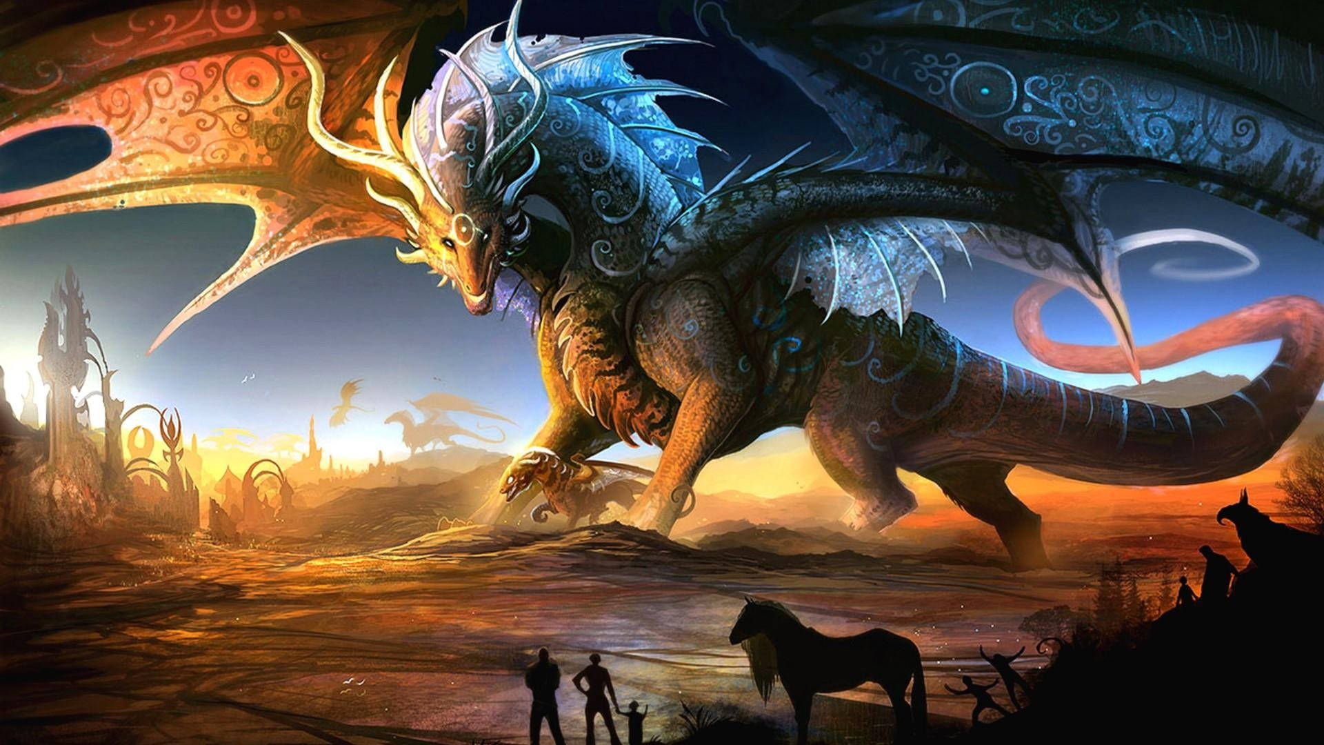 Orange Blue Dragons Mythical Creatures Background