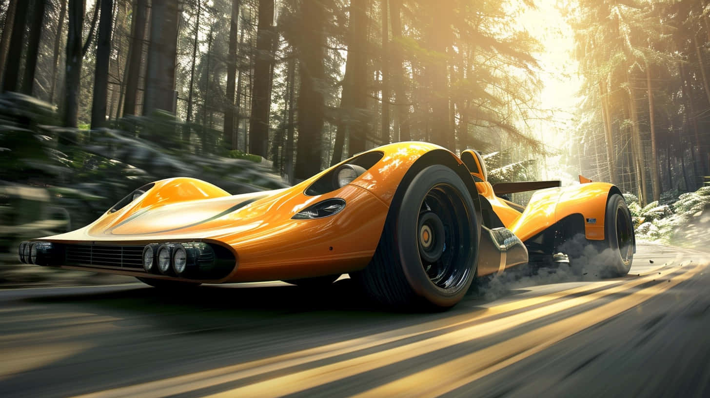 Orange Can Am Racecar Speeding Forest Road Background