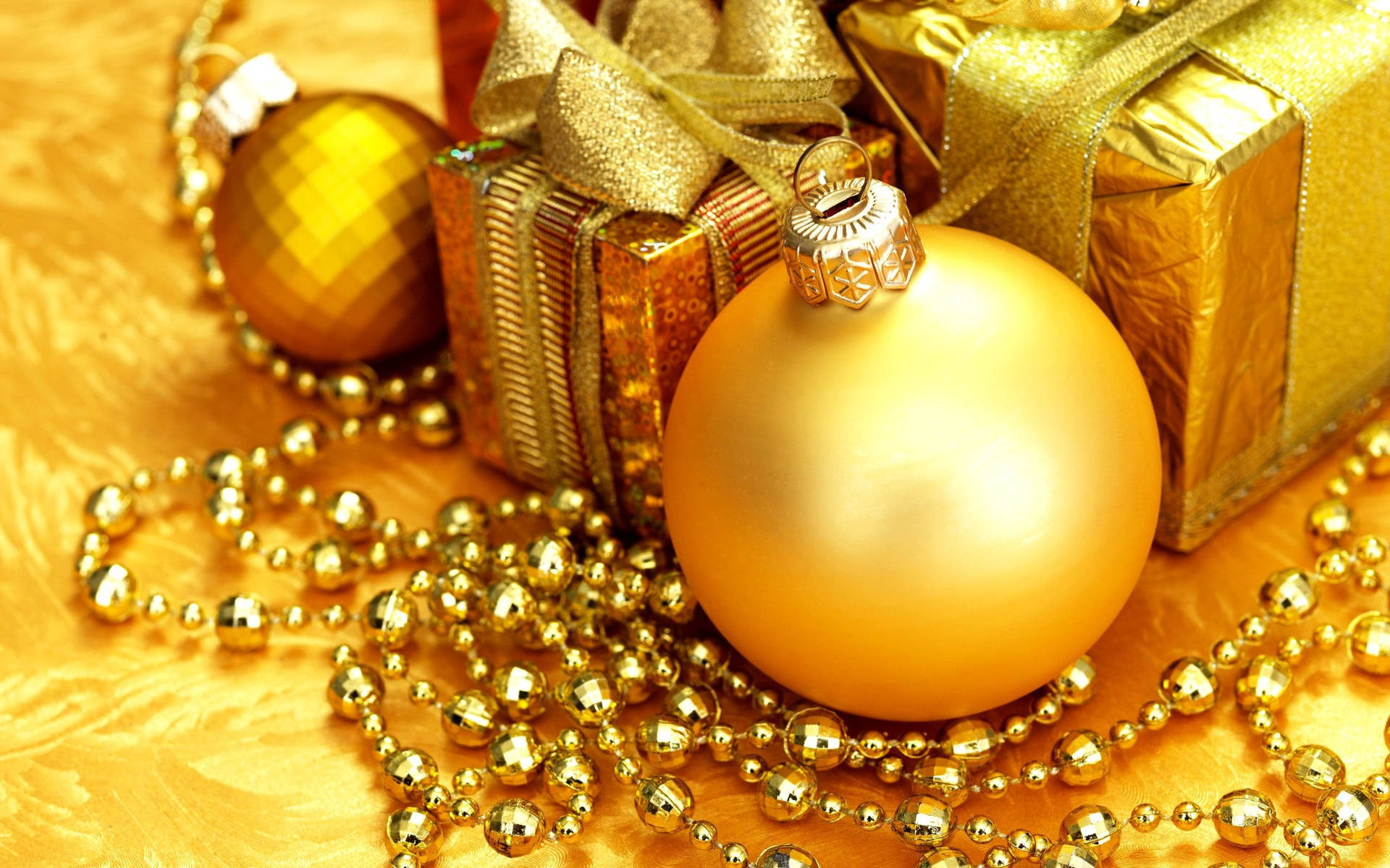 Orange Christmas Balls With Gifts Background