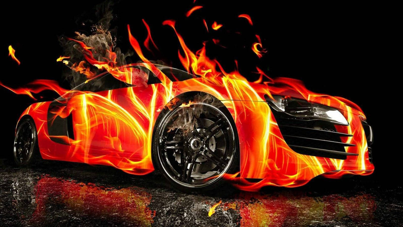 Orange Fire Car With Black Tires Background