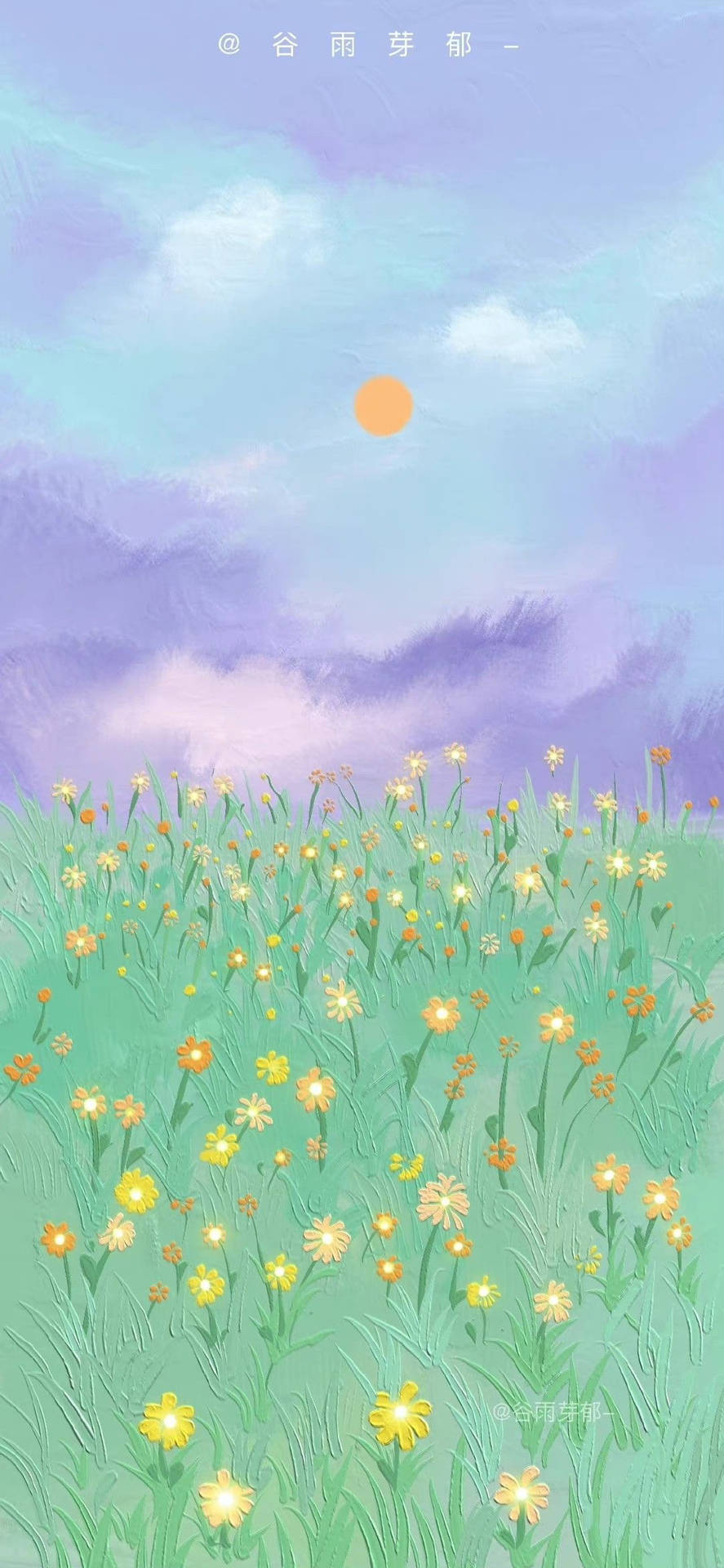 Orange Floral Field Under Purple Sky Background