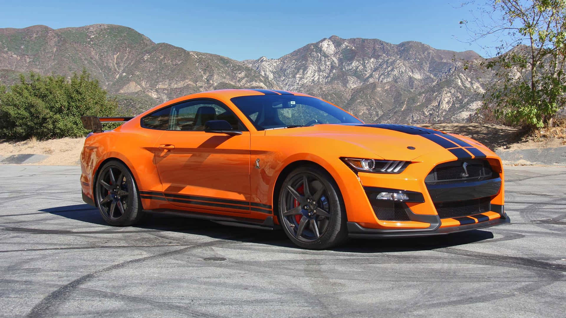 Orange Ford Mustang Shelby G T500 Mountain Backdrop Background