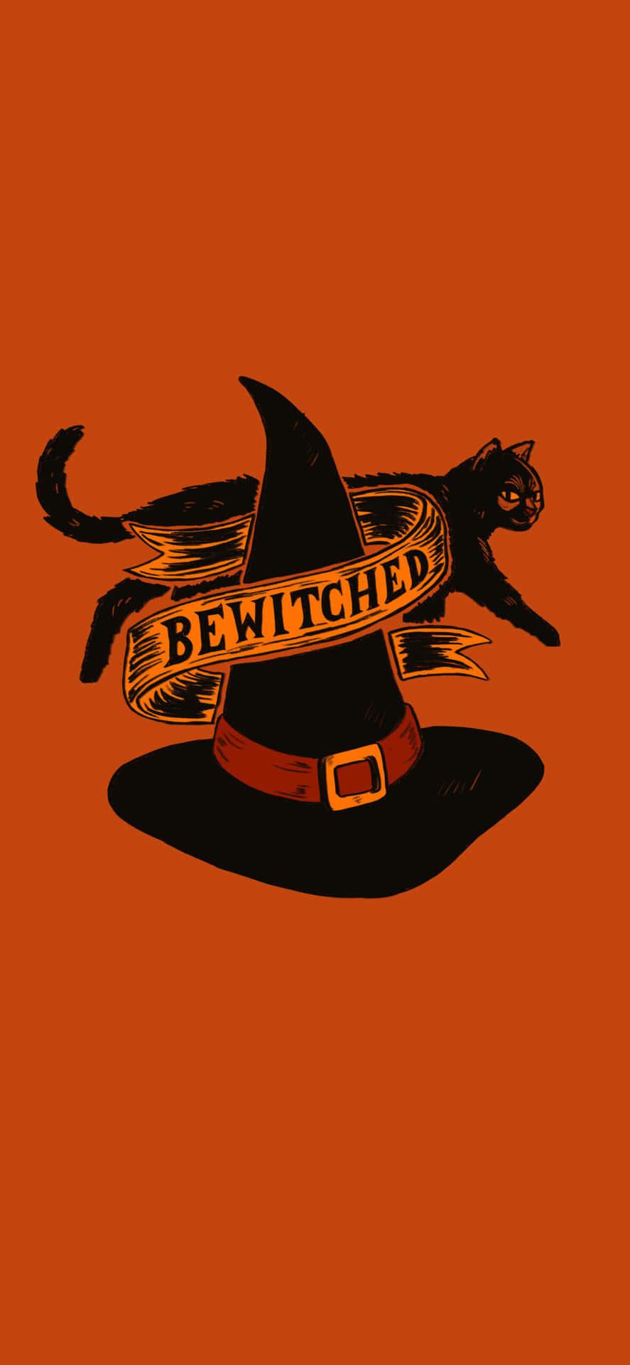 Orange Halloween Black Cat And Wizard Hat Background