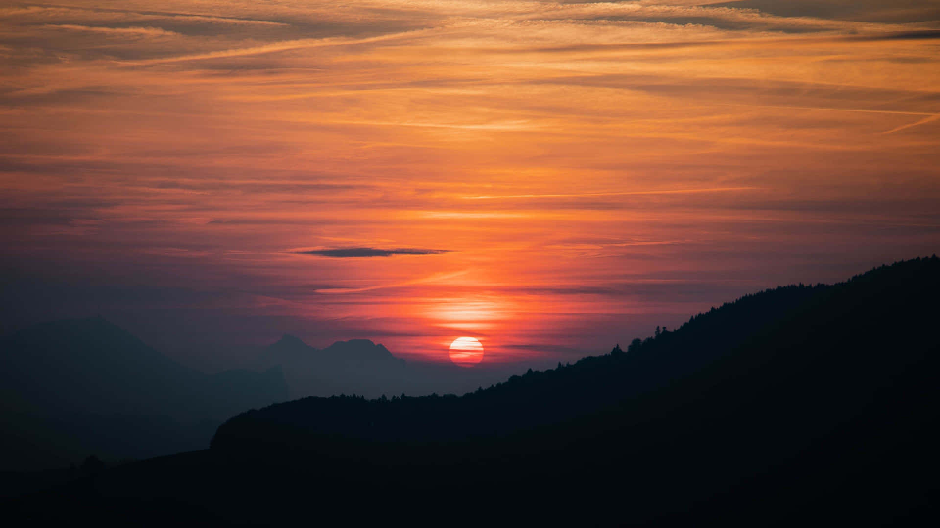 Orange Hill Mountains Sunset Silhouette Background