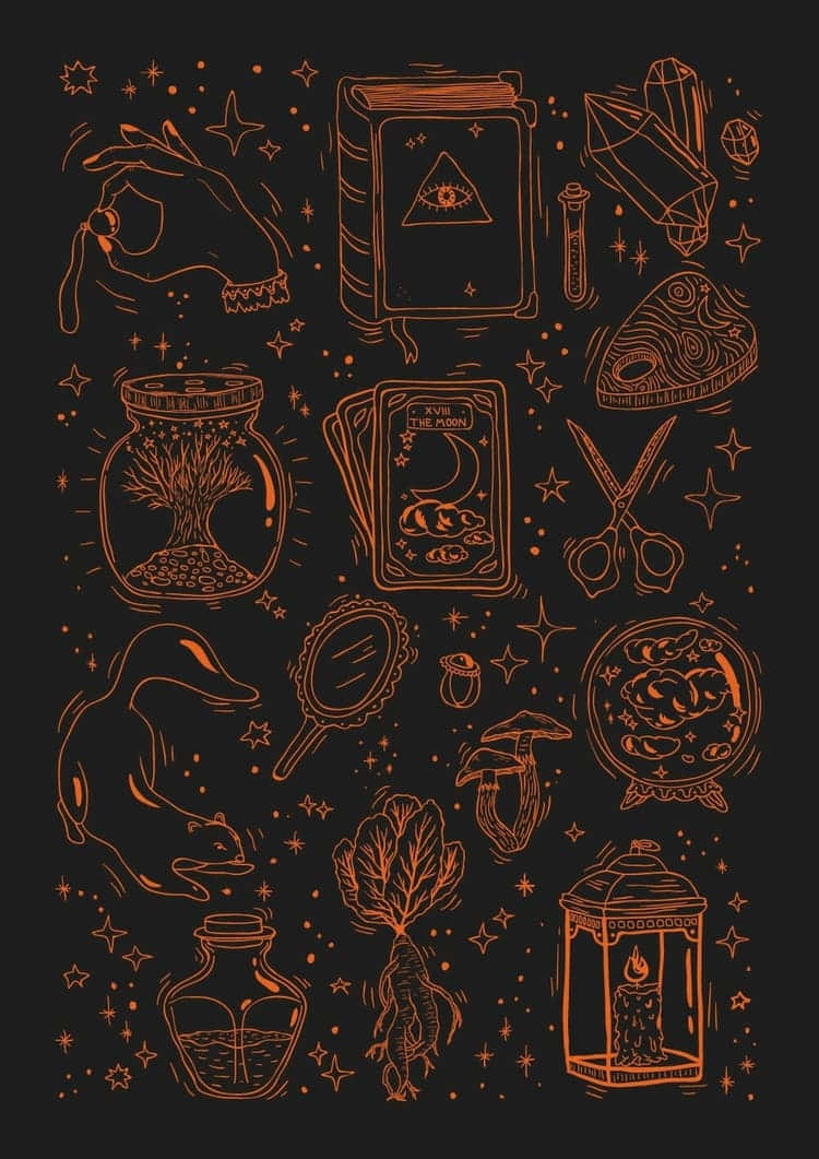 Orange Ink Drawing Cute Witchy Objects