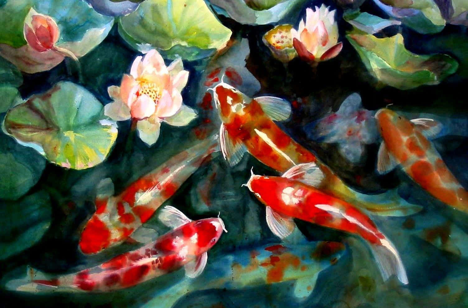 Orange Live Koi Fish And Lotus Background