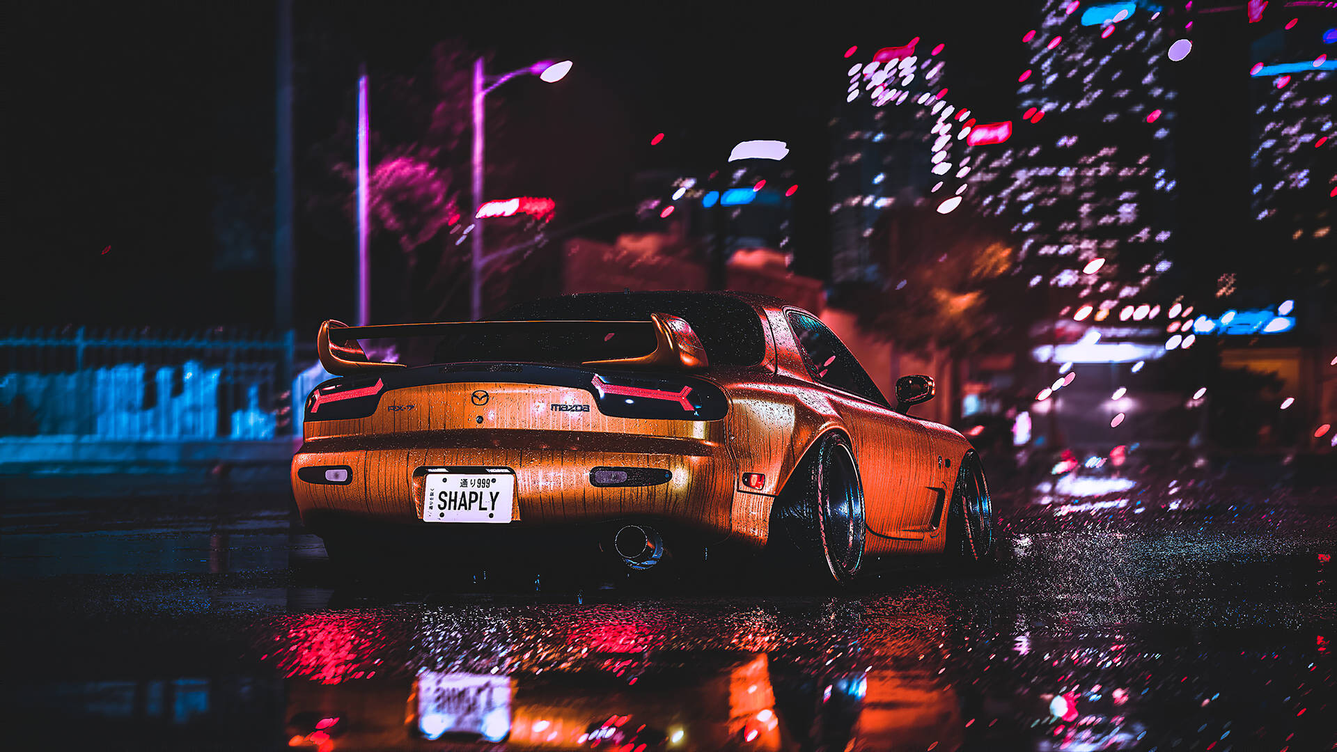 Orange Rx7 With Rain Drops Background