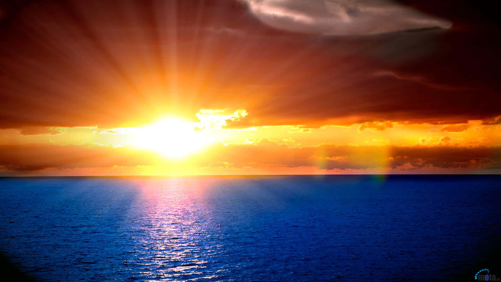 Orange Sun And Blue Ocean Background