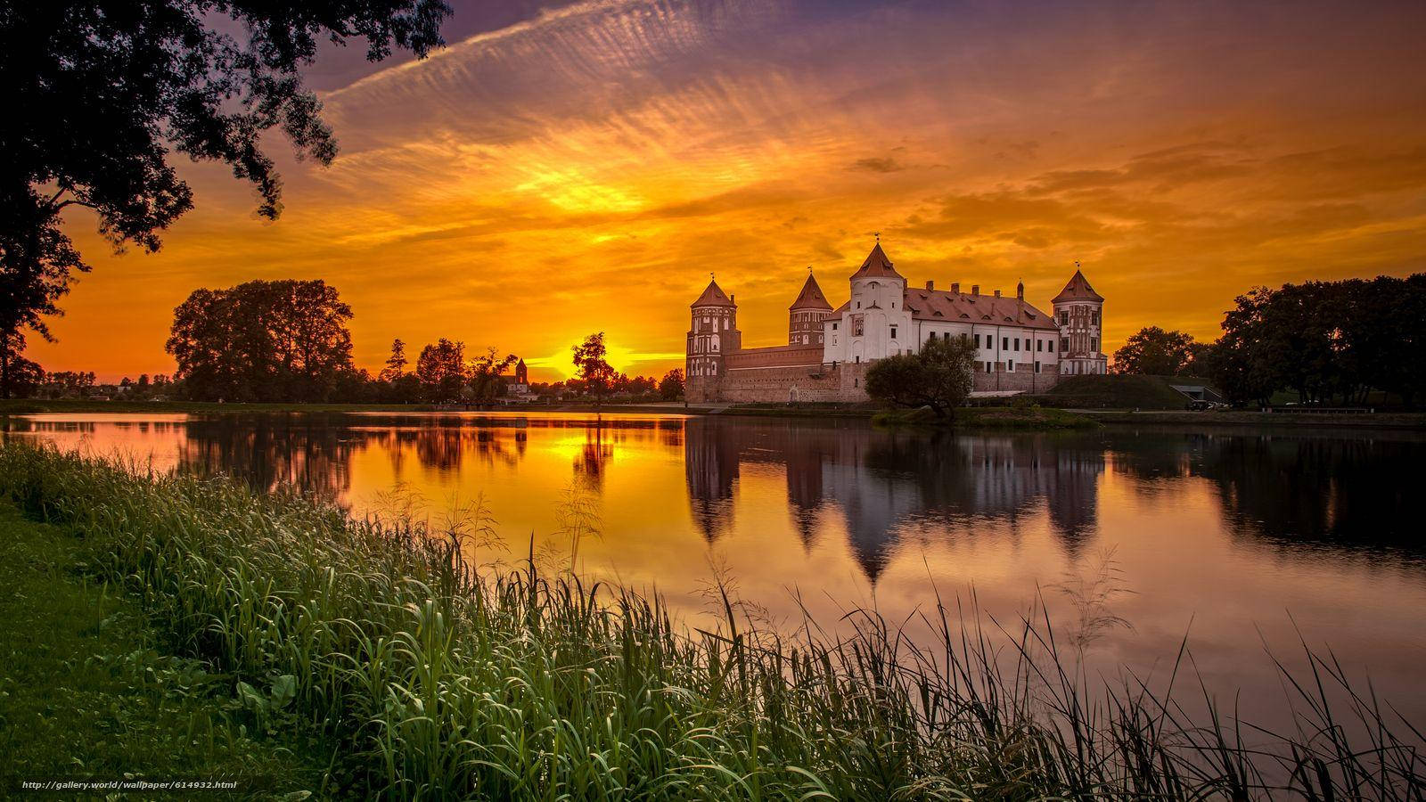 Orange Sunset Belarus Castle Background