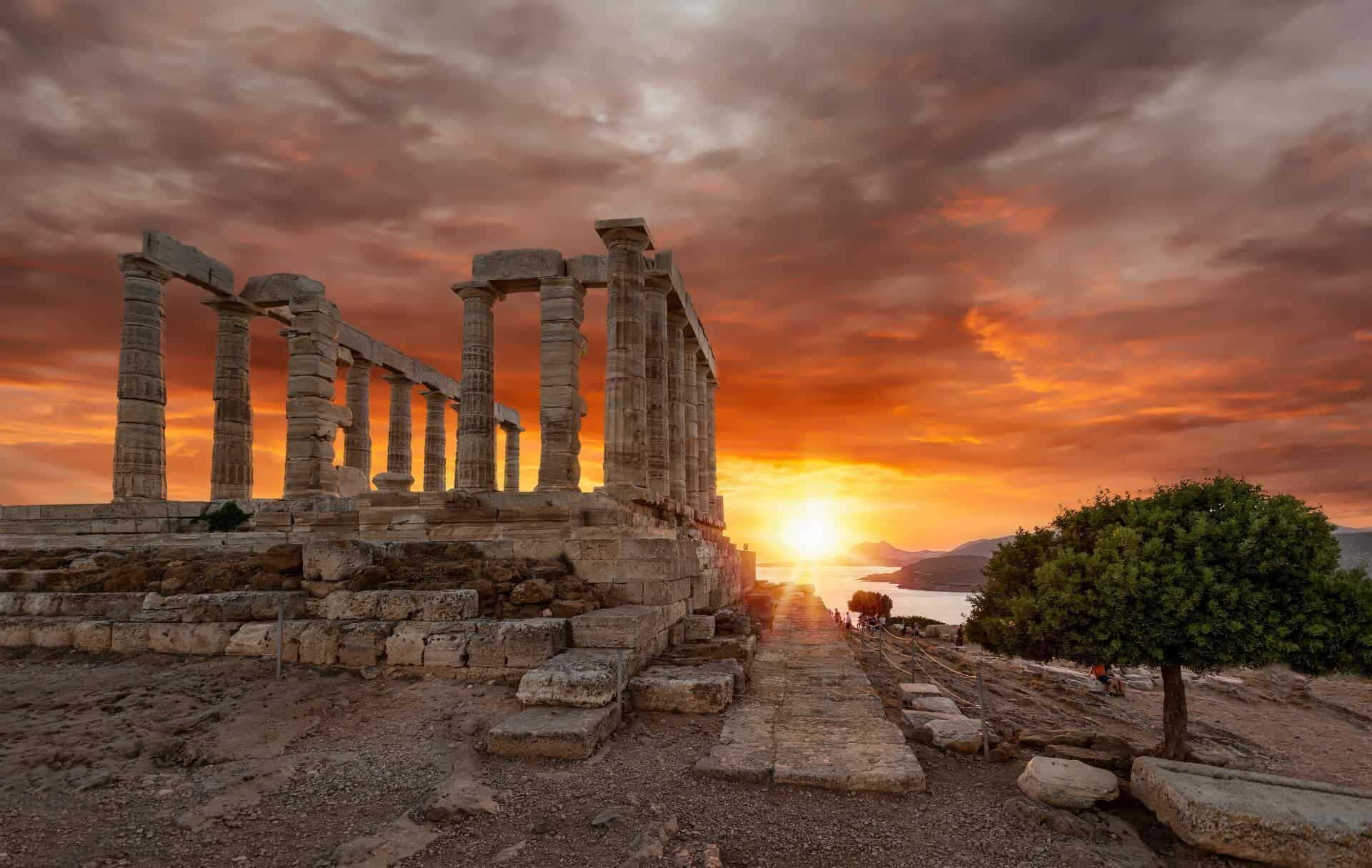 Orange Sunset Cloudy Sky Sounion Background