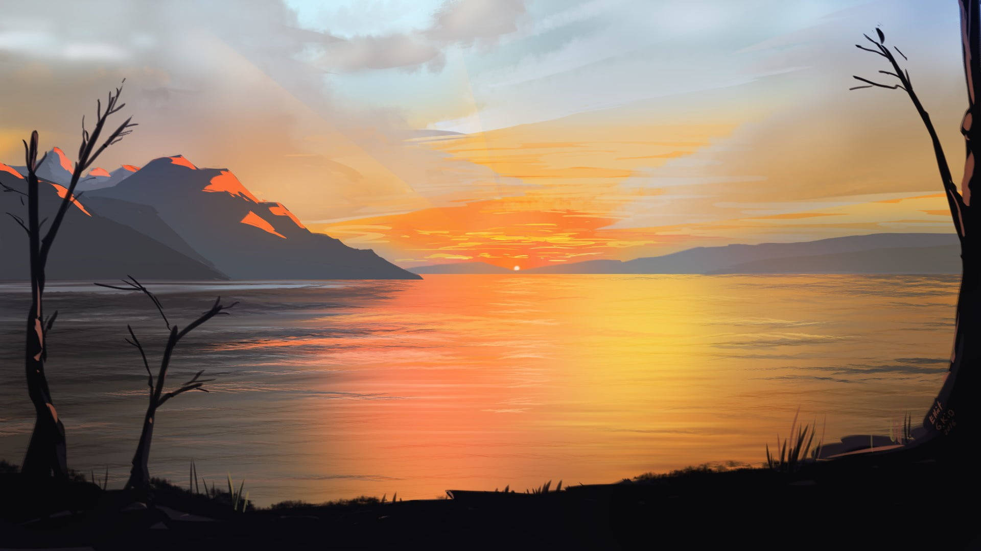 Orange Sunset Lake Paint Art Background