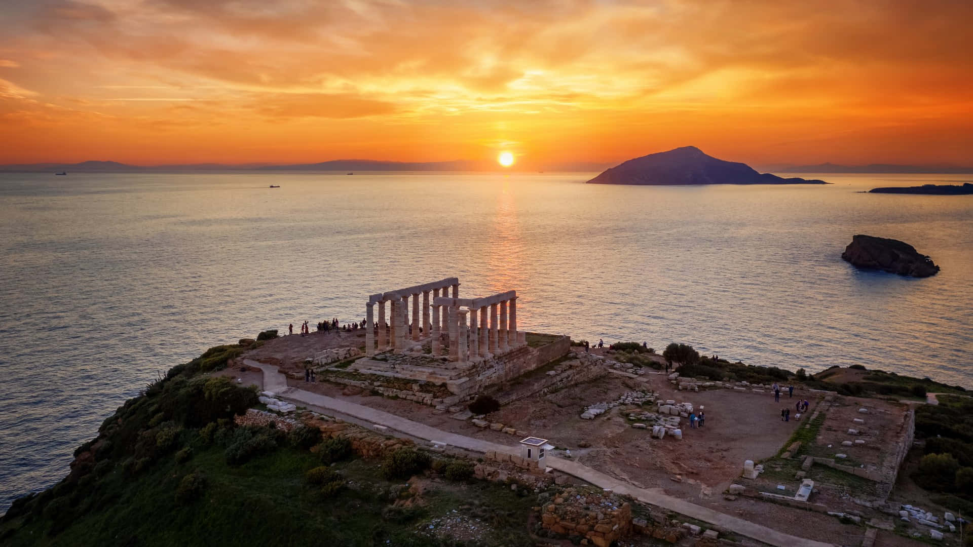 Orange Sunset Over Temple Sounion Background