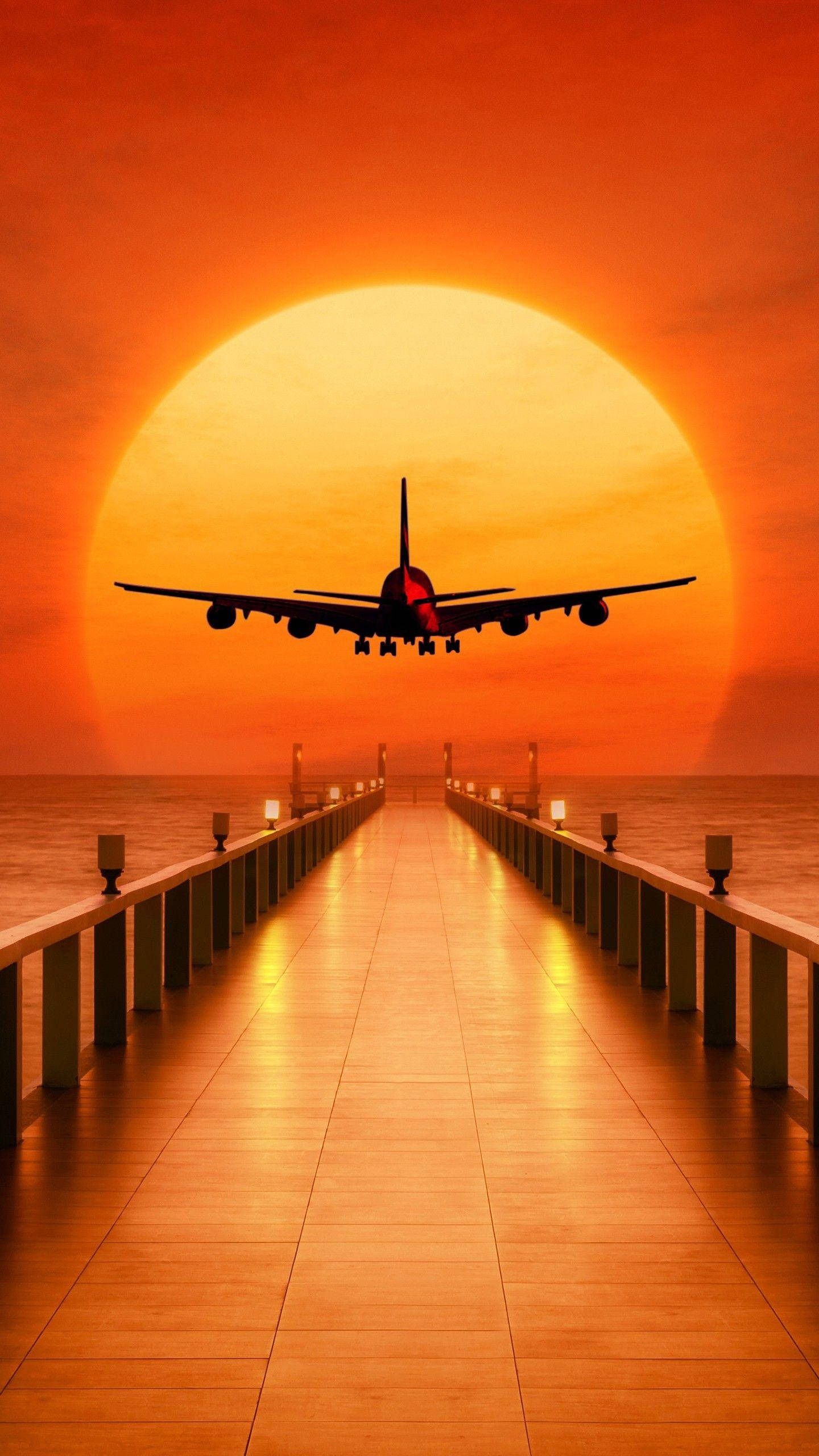 Orange Sunset With Airplane Android