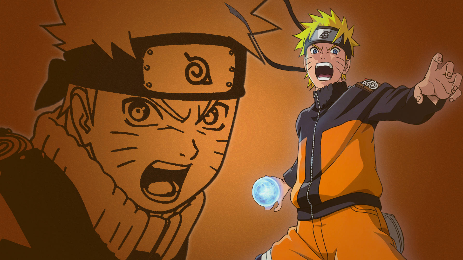 Orange Young And Old Naruto With Rasengan Background