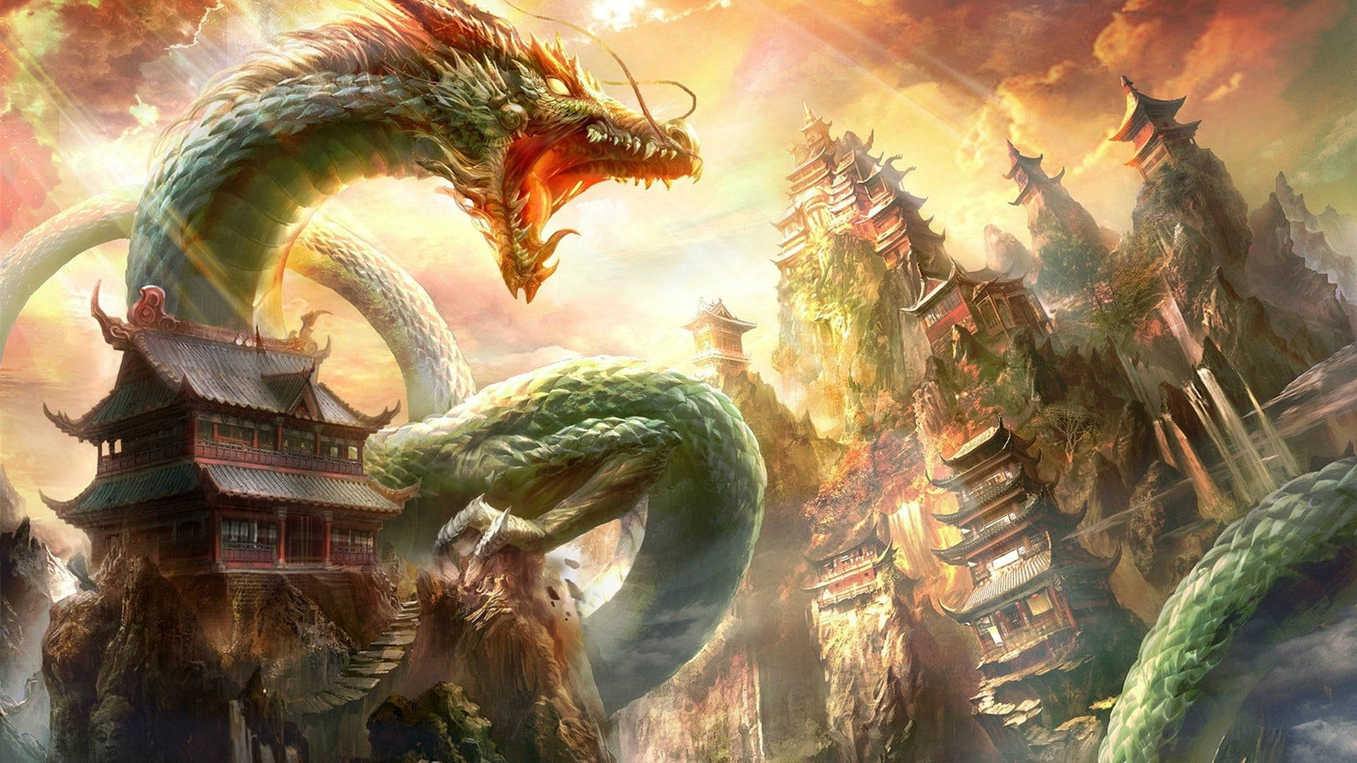 Oriental Green Dragon Art Background