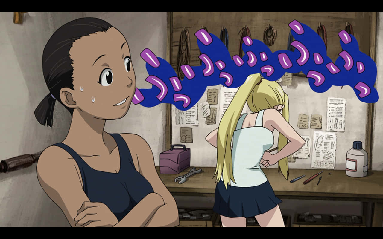 Ornery Anime Girl In Study Area Background