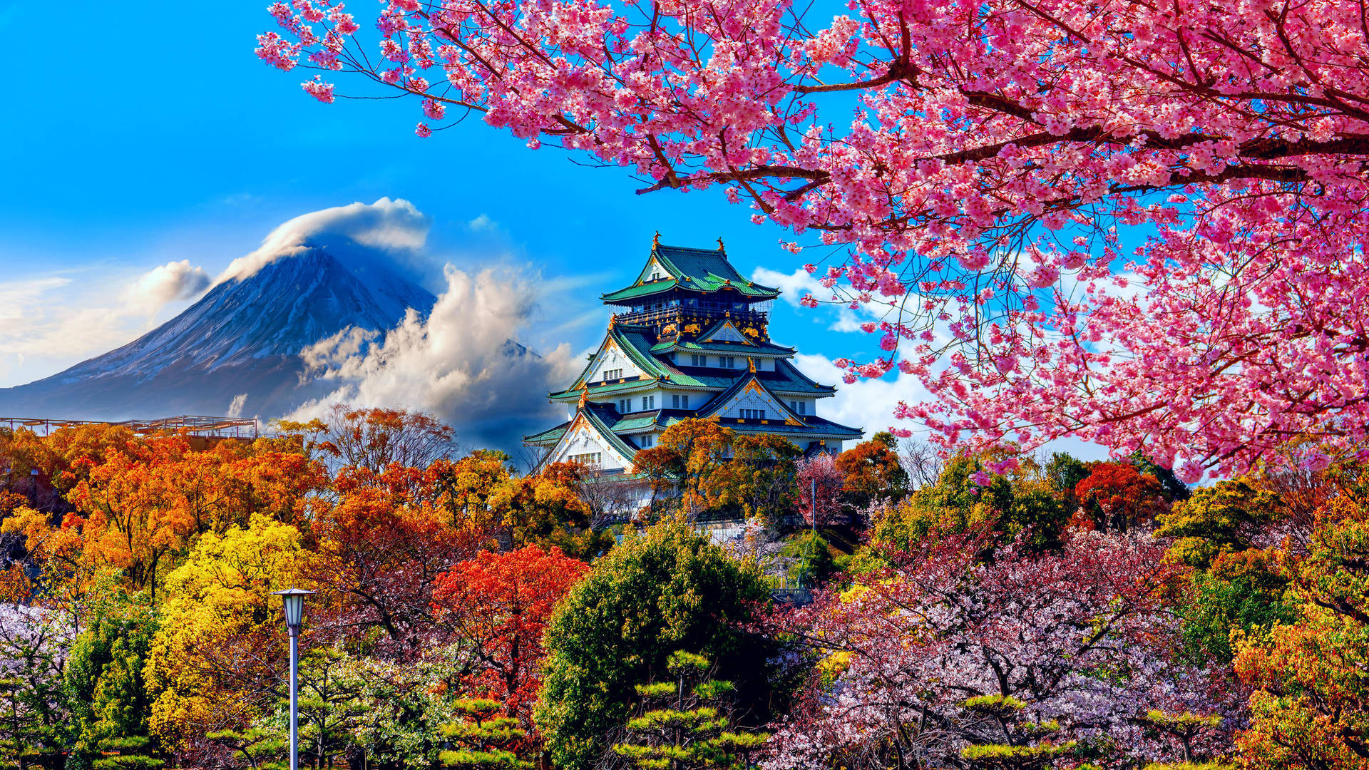 Osaka Castle And Fuji Mountain Background