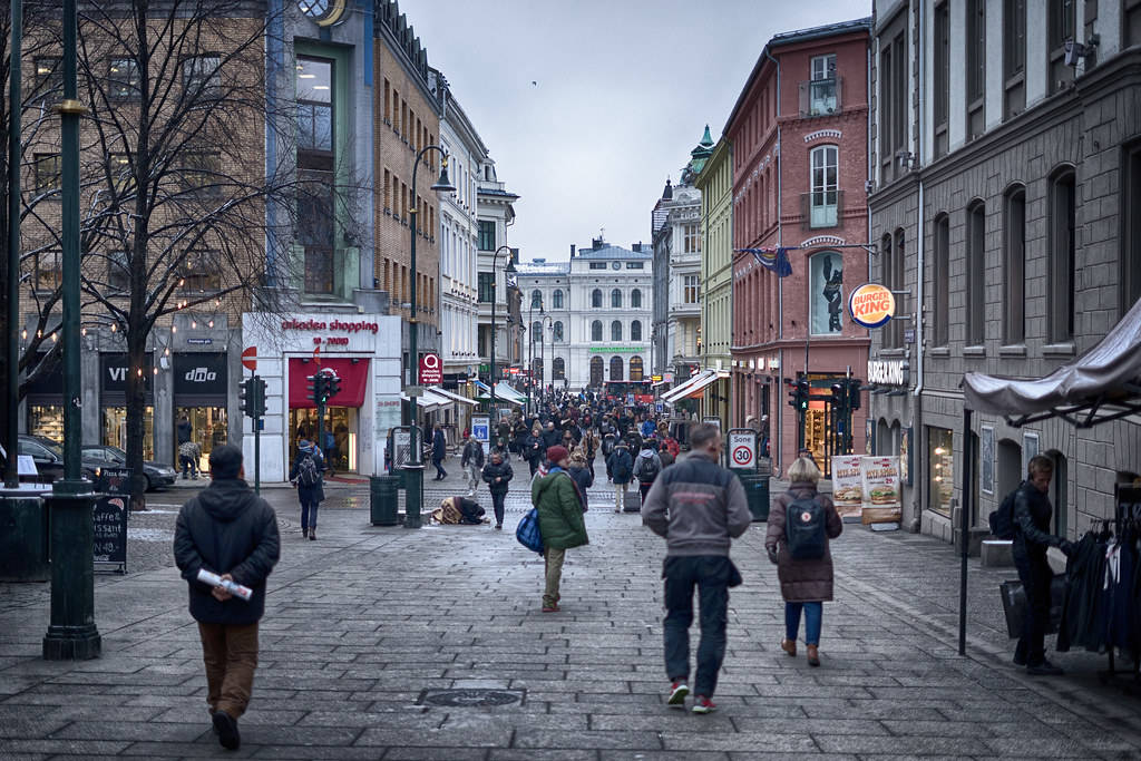 Oslo City People Walking On Streets Background