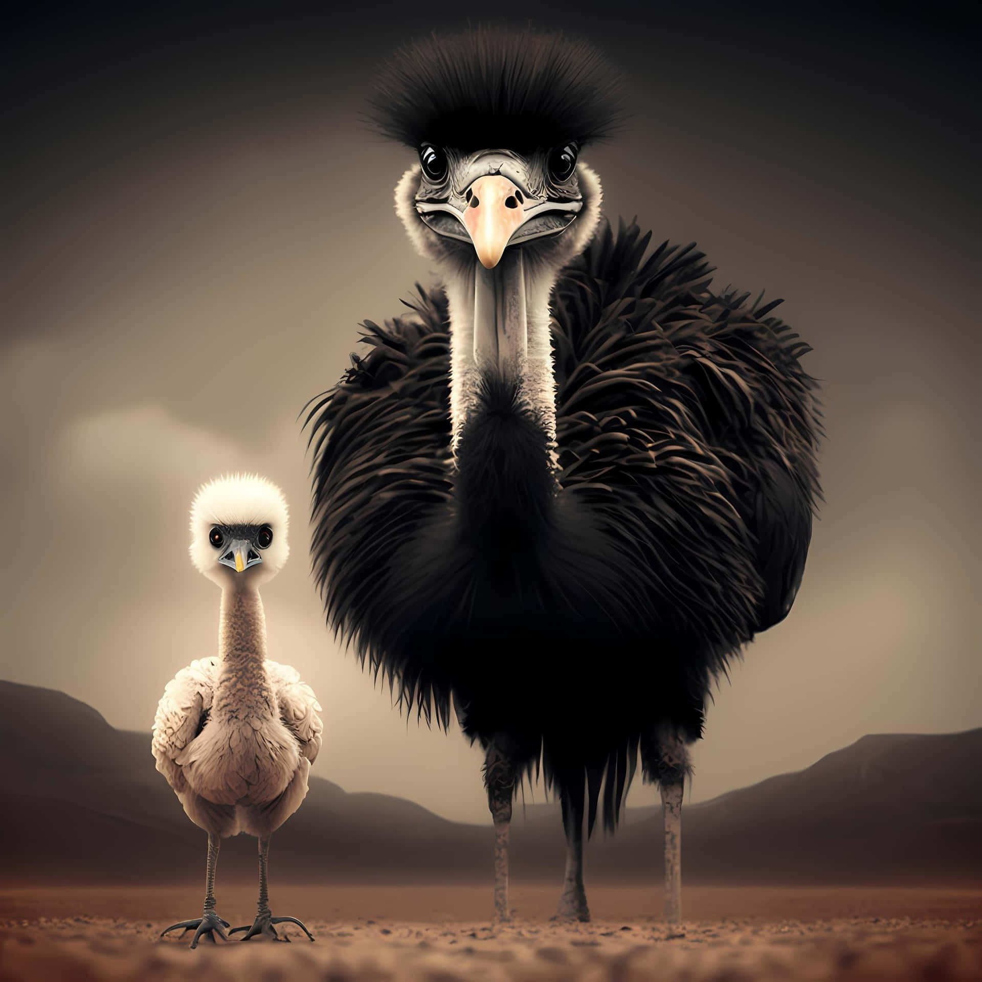 Ostrich_ Adult_and_ Chick_ Portrait Background