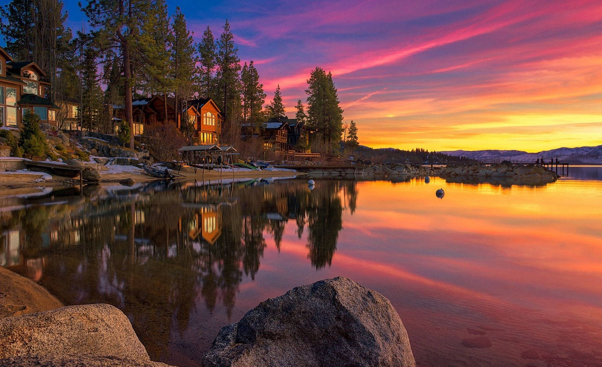 Outdoor Lakeside Cabins Background