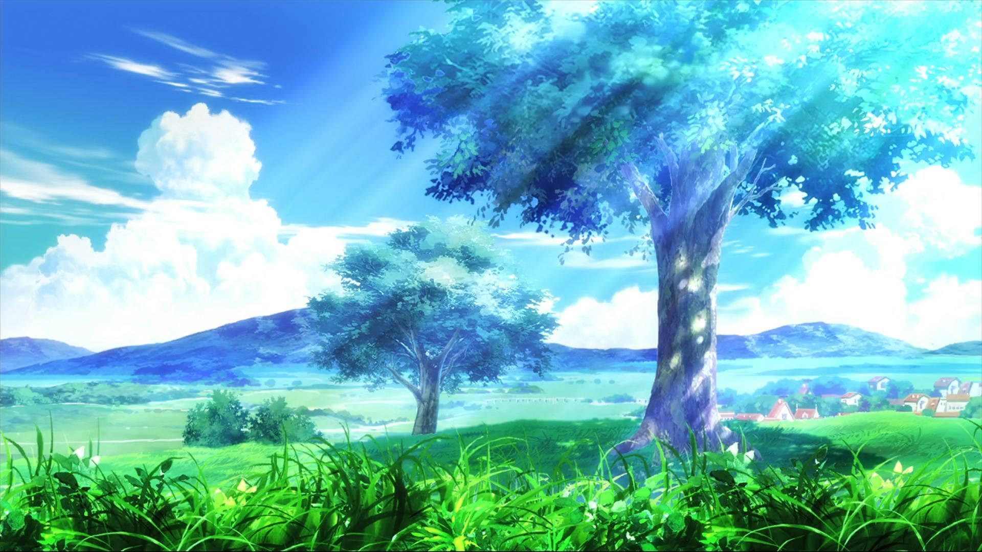 Outdoor Landscape Green Anime Aesthetic Background