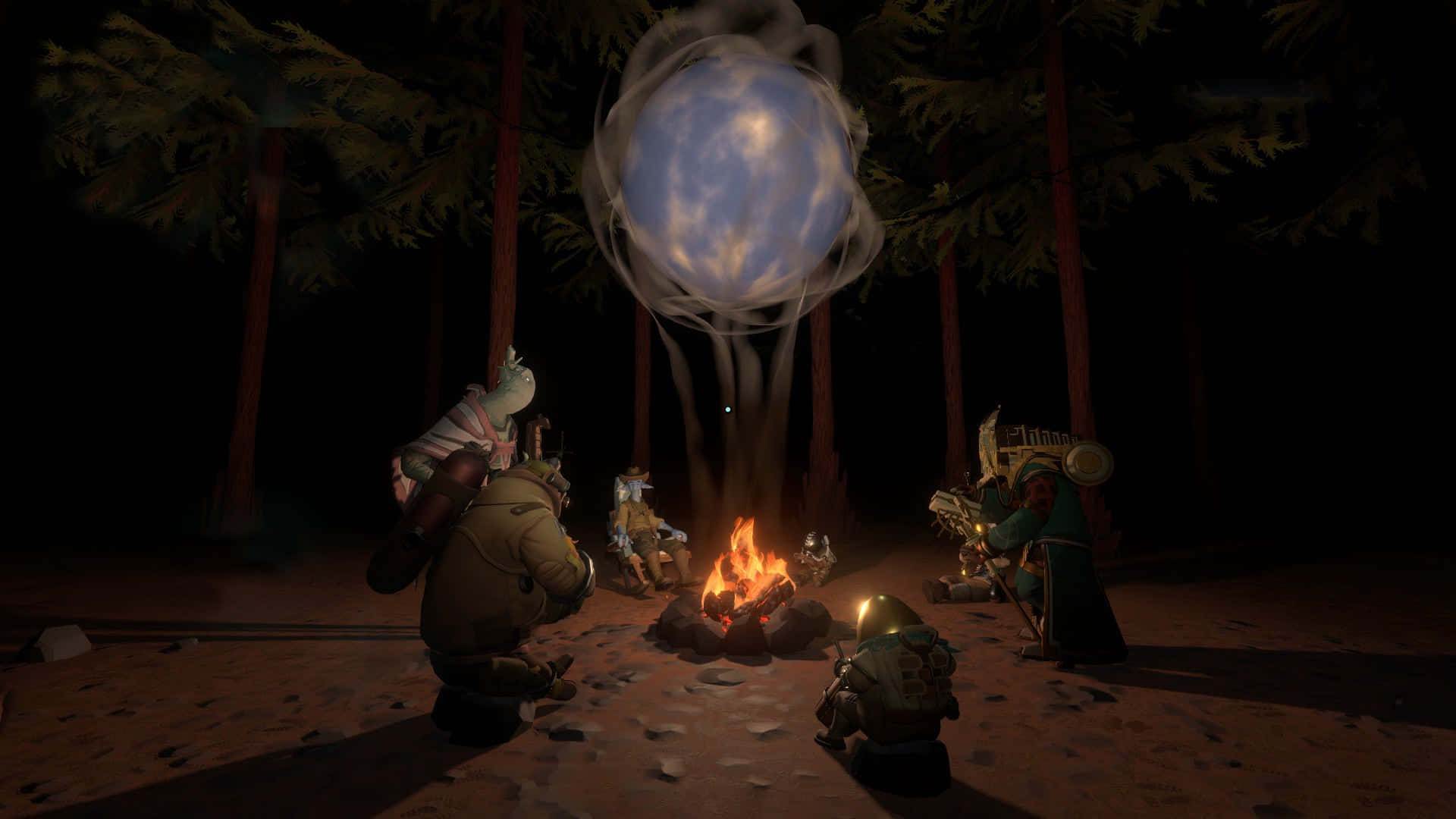 Outer Wilds Explorers With Campfire Background