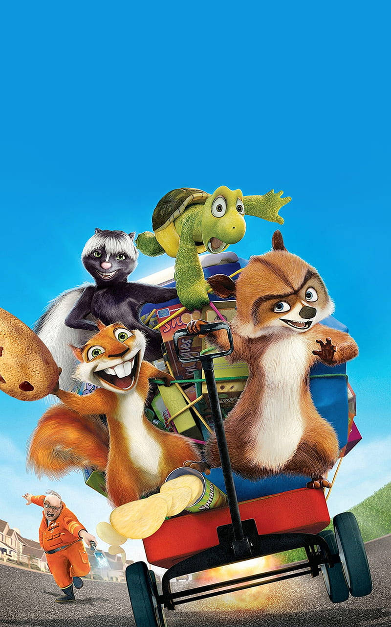 Over The Hedge Characters Riding Cart Background