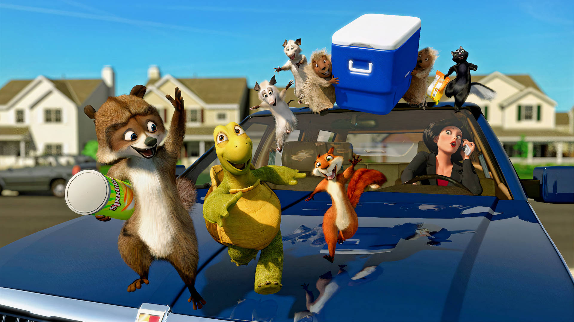 Over The Hedge Characters Standing On Car Background