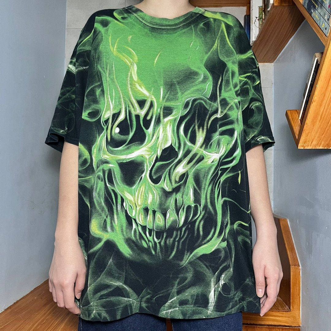 Oversized Green Fire Skull T-shirt Background