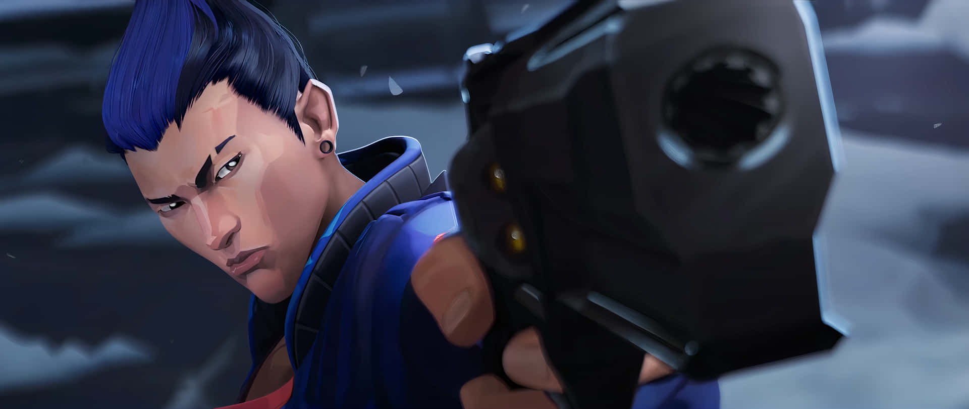 Overwatch - A Character With Blue Hair Holding A Gun Background