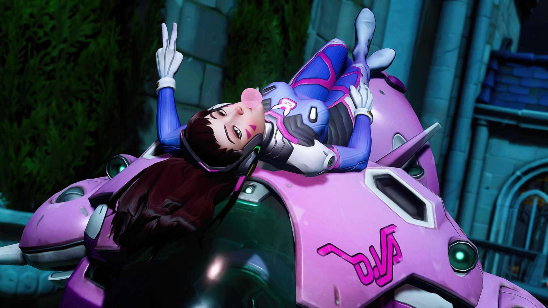 Overwatch - A Girl Laying On Top Of A Pink Robot Background