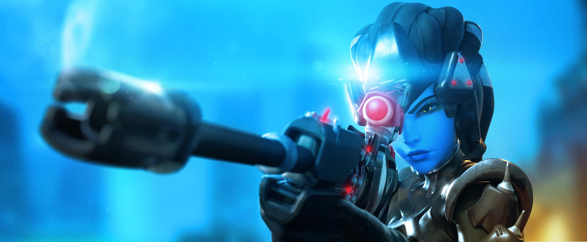 Overwatch - A Woman With Blue Eyes And A Gun Background