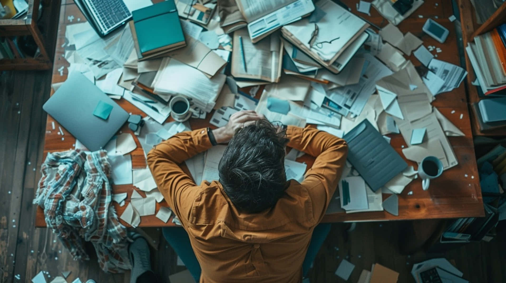 Overwhelmed Individual Among Chaos Background