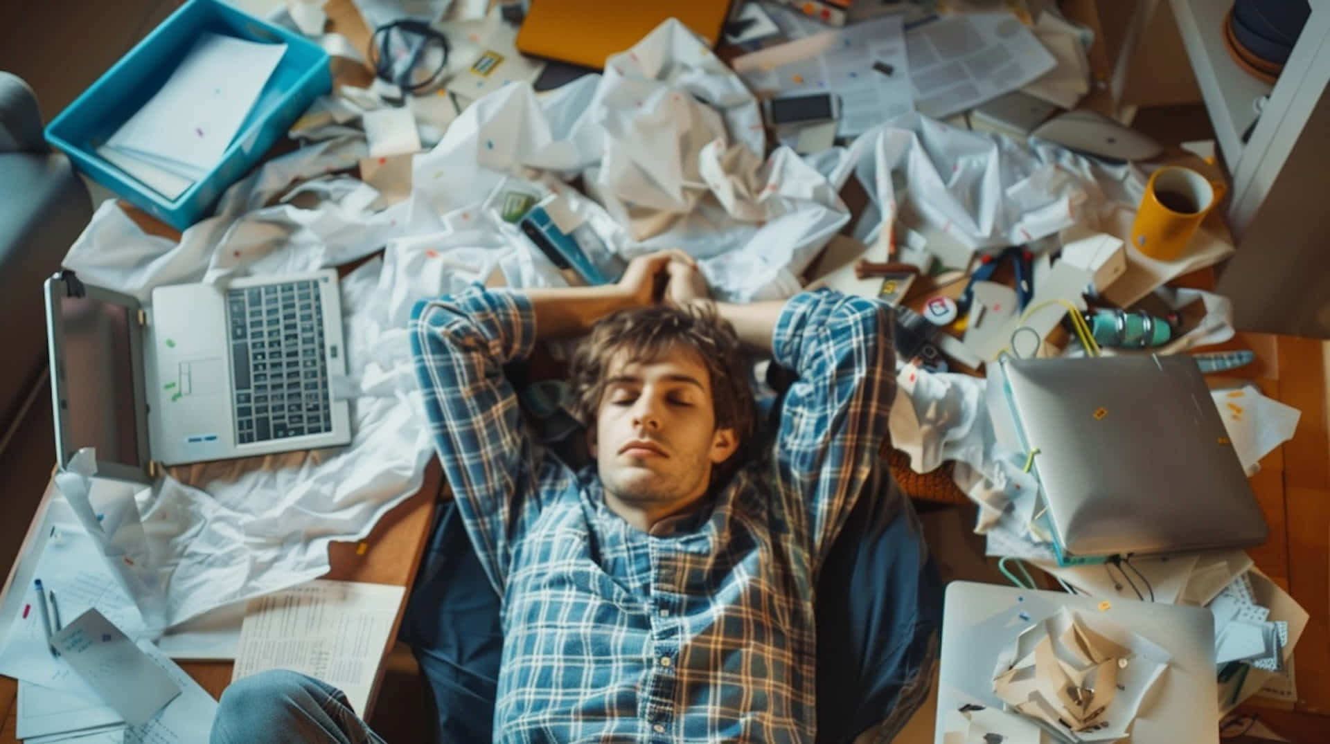 Overwhelmed Man Surroundedby Clutter Background