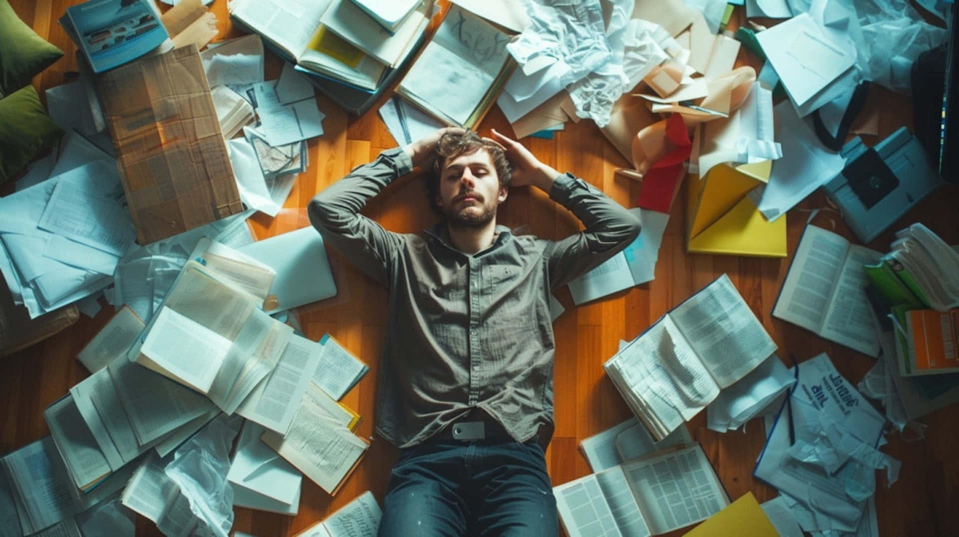 Overwhelmed Man Surroundedby Papers Background
