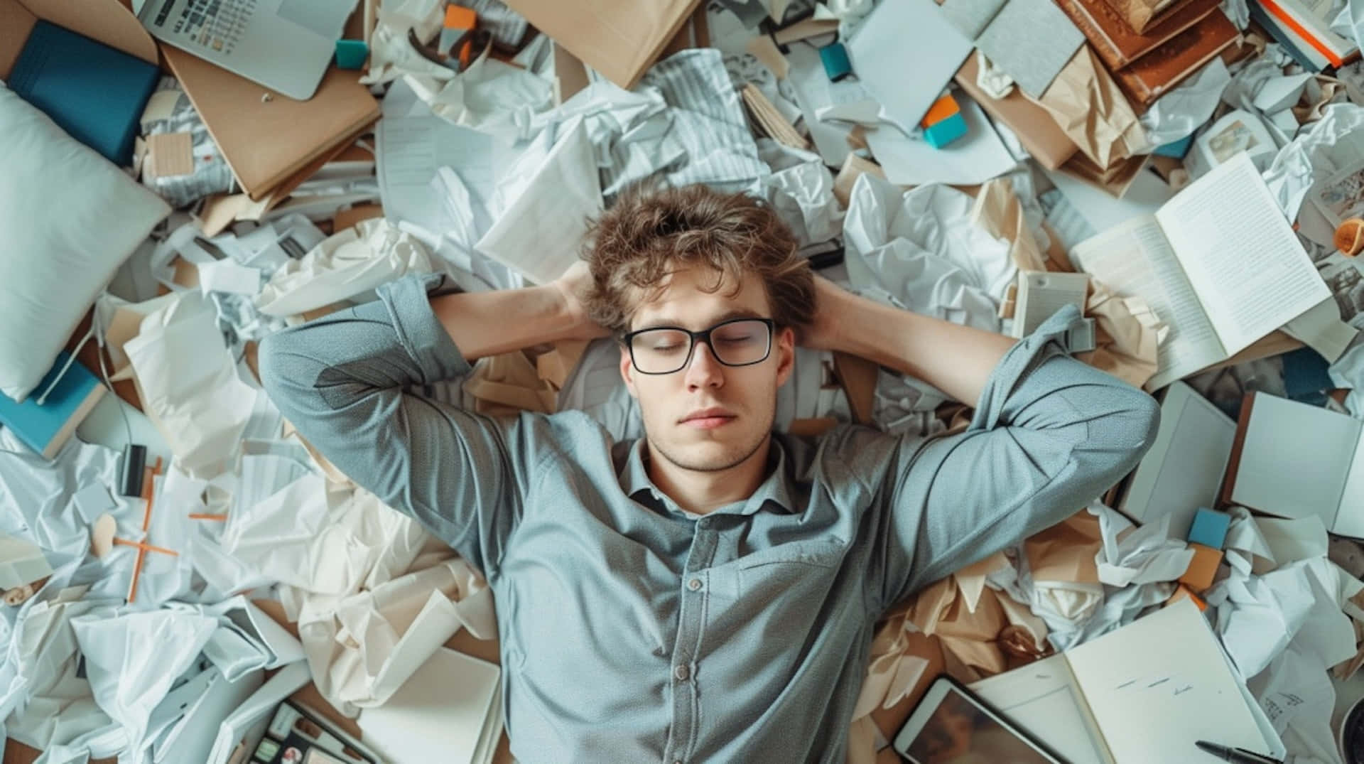 Overwhelmed Man Surroundedby Papers Background