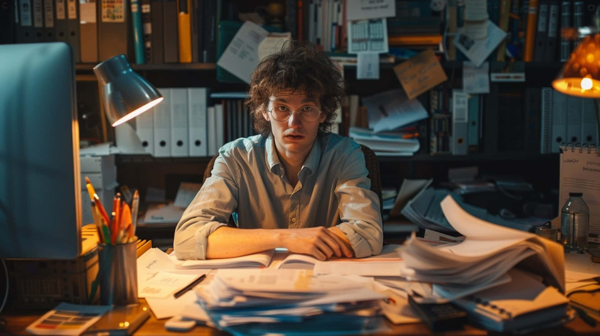 Overwhelmed Office Workerat Desk Background