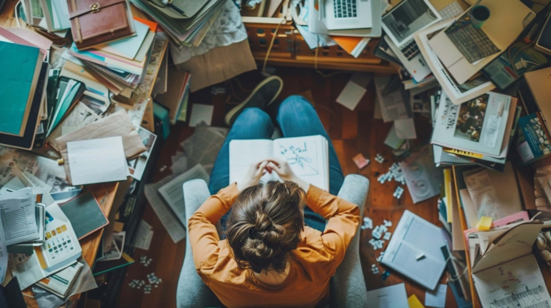 Overwhelmed Student Surroundedby Booksand Papers Background