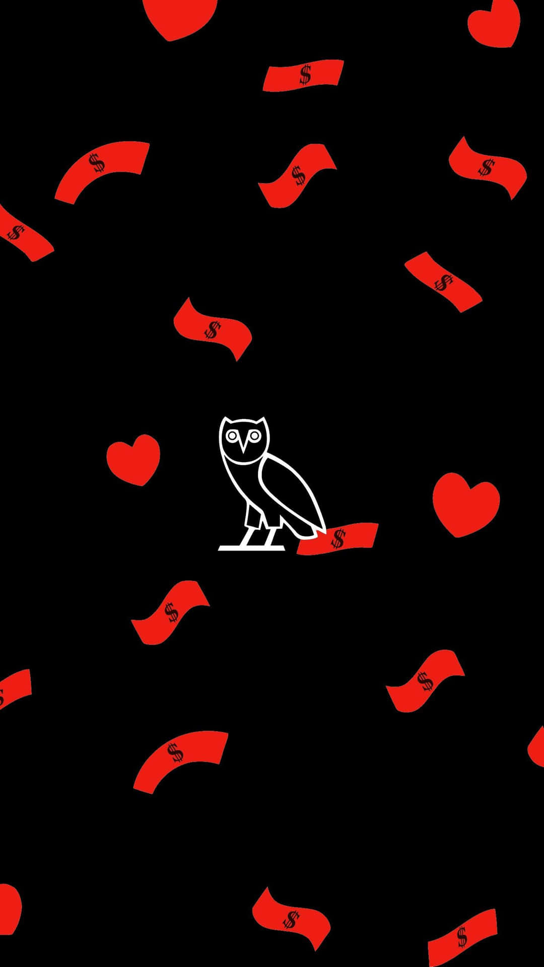 Owl With Red Hearts On A Black Background Background