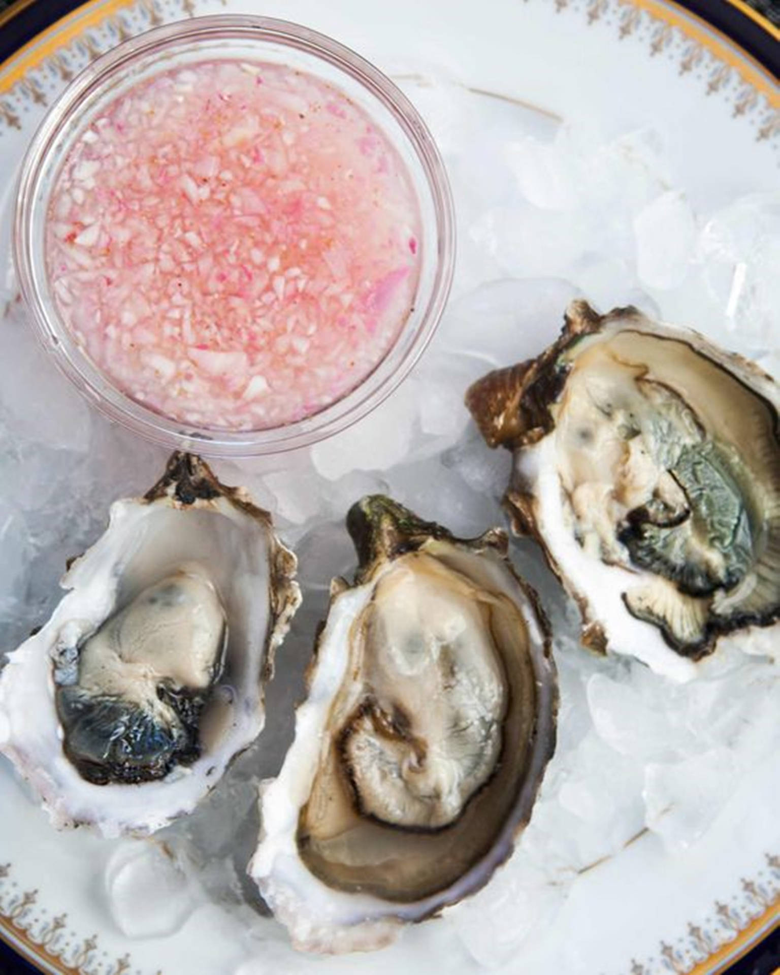 Oyster On Ice Mignonette Sauce Background