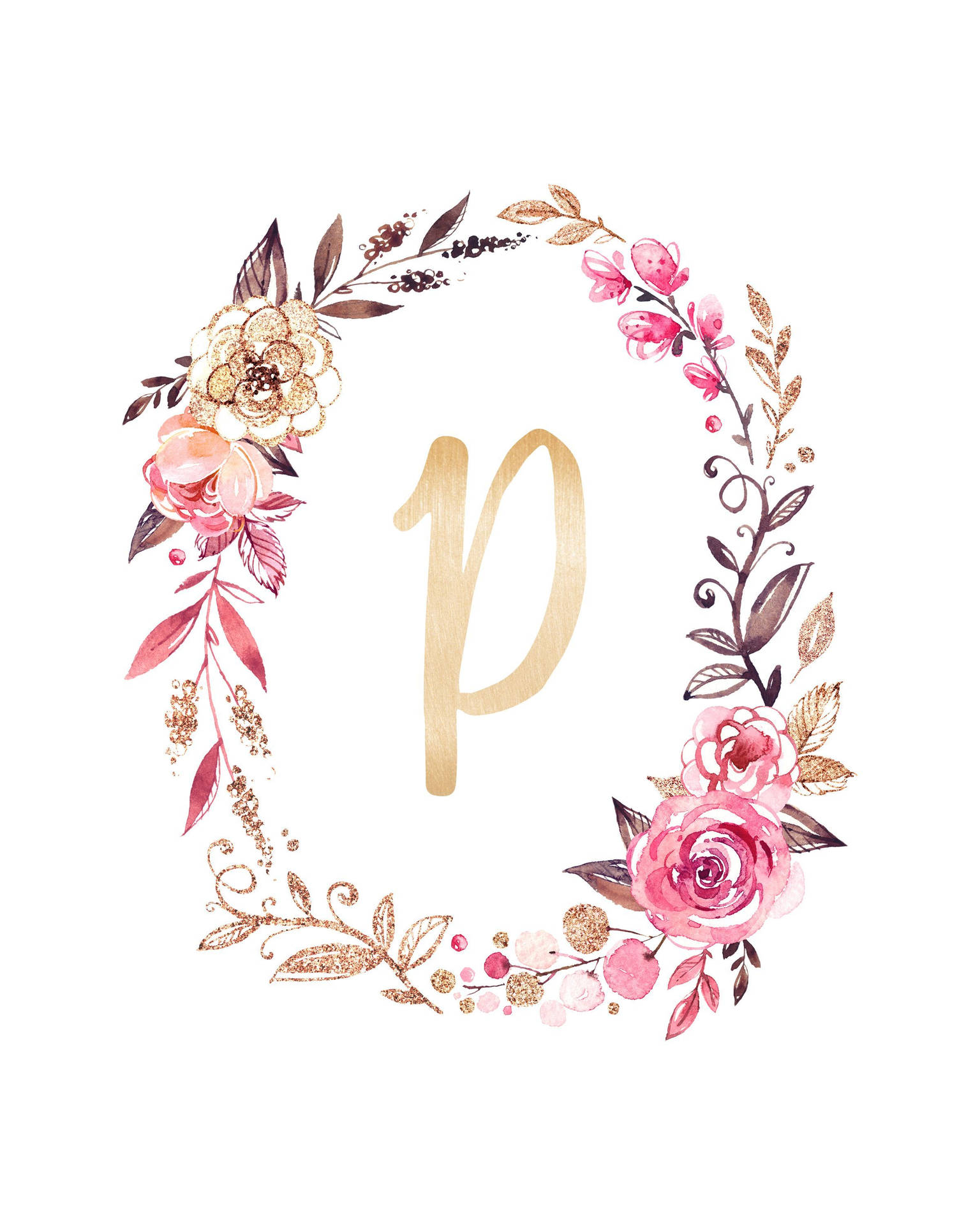 P Letter Inside Floral Wreath Background