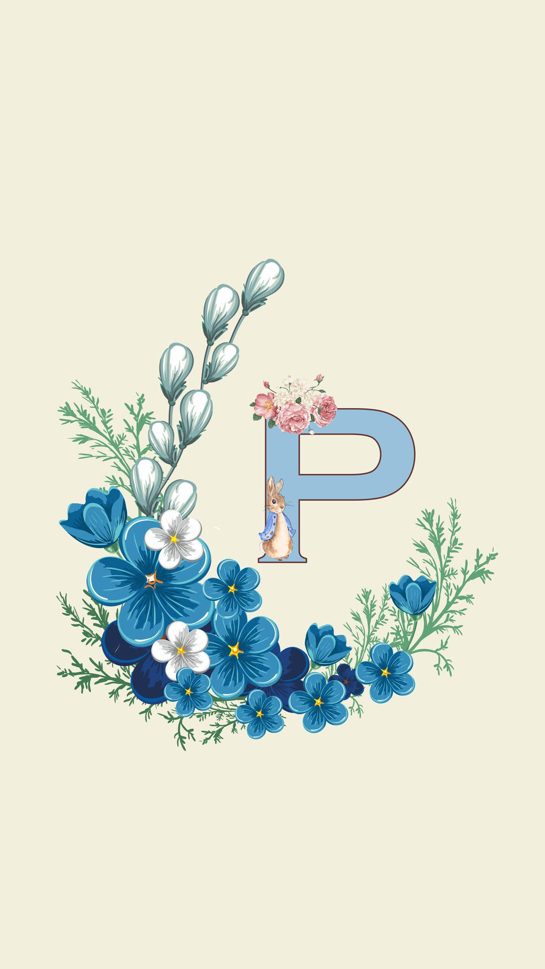 P Letter With Blue Flowers Background