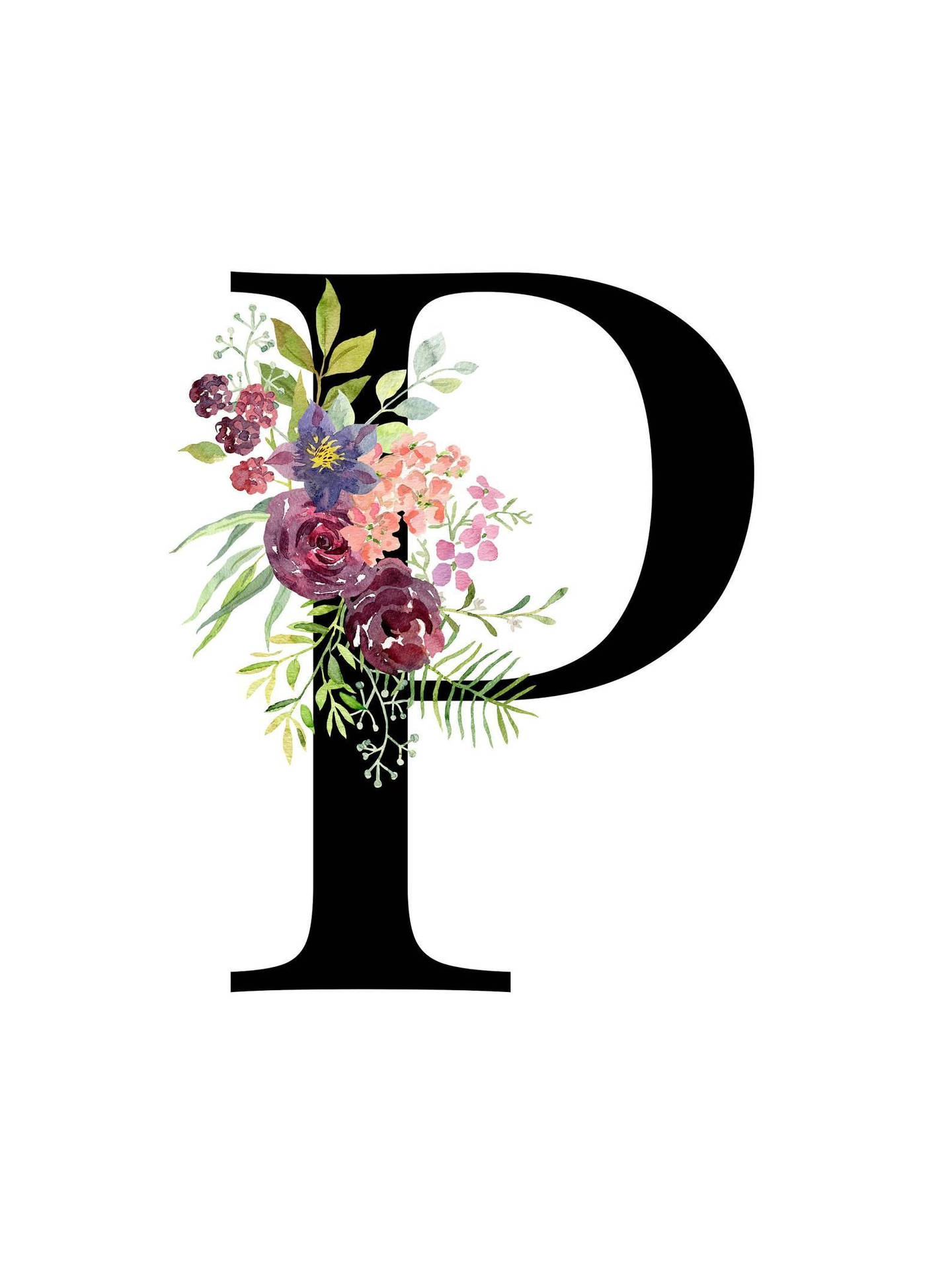 P Letter With Watercolor Flowers Background